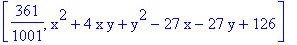 [361/1001, x^2+4*x*y+y^2-27*x-27*y+126]